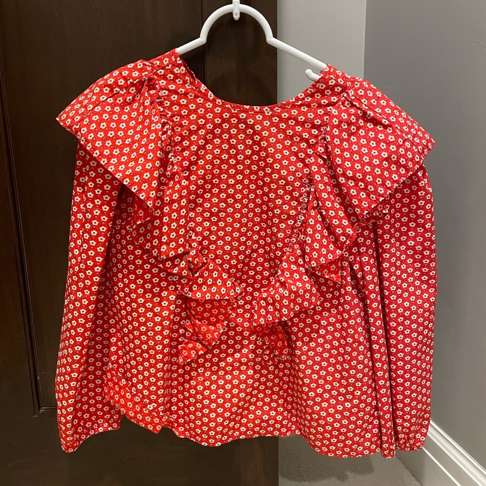 J Crew Red Ruffle & Floral Long Sleeve Girls Top | Size XL